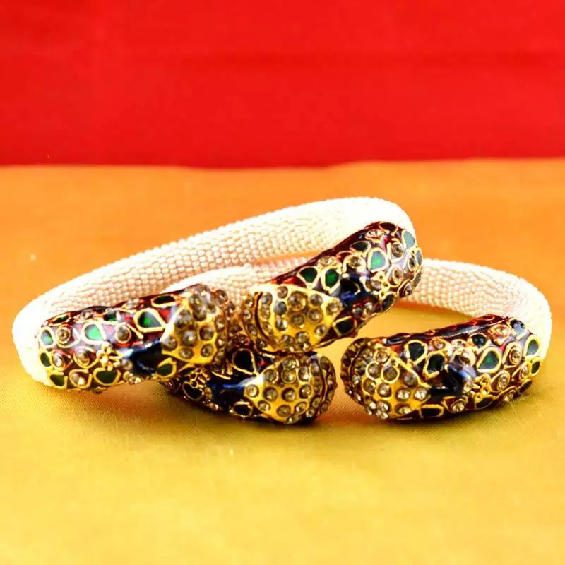 Gold Moti Stone Cz Polki Kundun Meenakari Pearl Bangle Kara With Stretchable