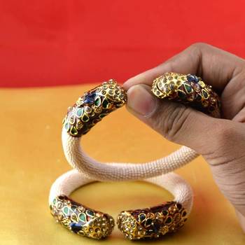 Gold Moti Stone Cz Polki Kundun Meenakari Pearl Bangle Kara With Stretchable 2