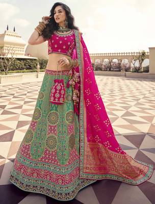 Green woven silk semi stitched lehenga 1