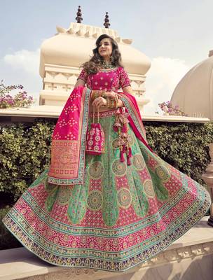 Green woven silk semi stitched lehenga 2