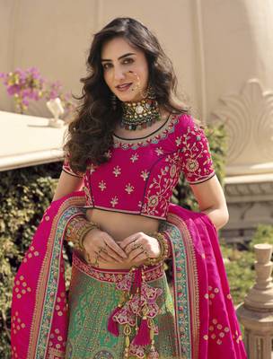 Green woven silk semi stitched lehenga 3