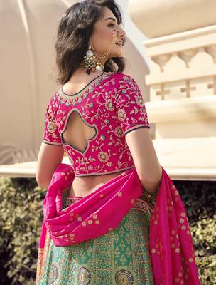 Green woven silk semi stitched lehenga 4