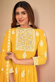 Yellow embroidered faux georgette salwar