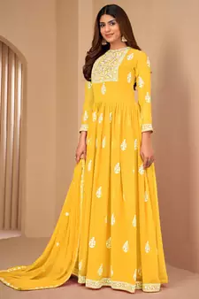 Yellow embroidered faux georgette salwar