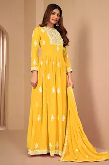 Yellow embroidered faux georgette salwar