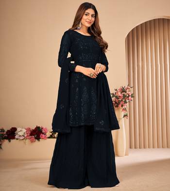 Black Embroidered Faux Georgette Sharara Suit 3 Piece 4