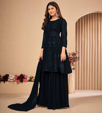 Black Embroidered Faux Georgette Sharara Suit 3 Piece 5