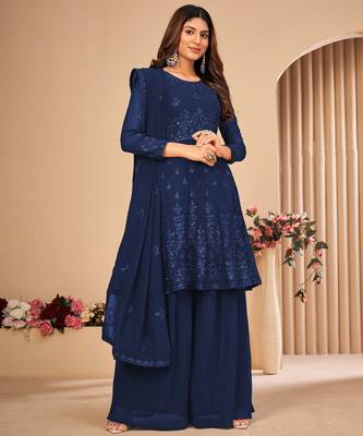 Blue Embroidered Faux Georgette Sharara Suit 3 Piece 1