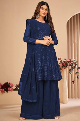 Blue Embroidered Faux Georgette Sharara Suit 3 Piece