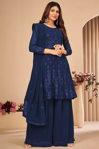 Blue Embroidered Faux Georgette Sharara Suit 3 Piece
