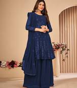 Blue Embroidered Faux Georgette Sharara Suit 3 Piece