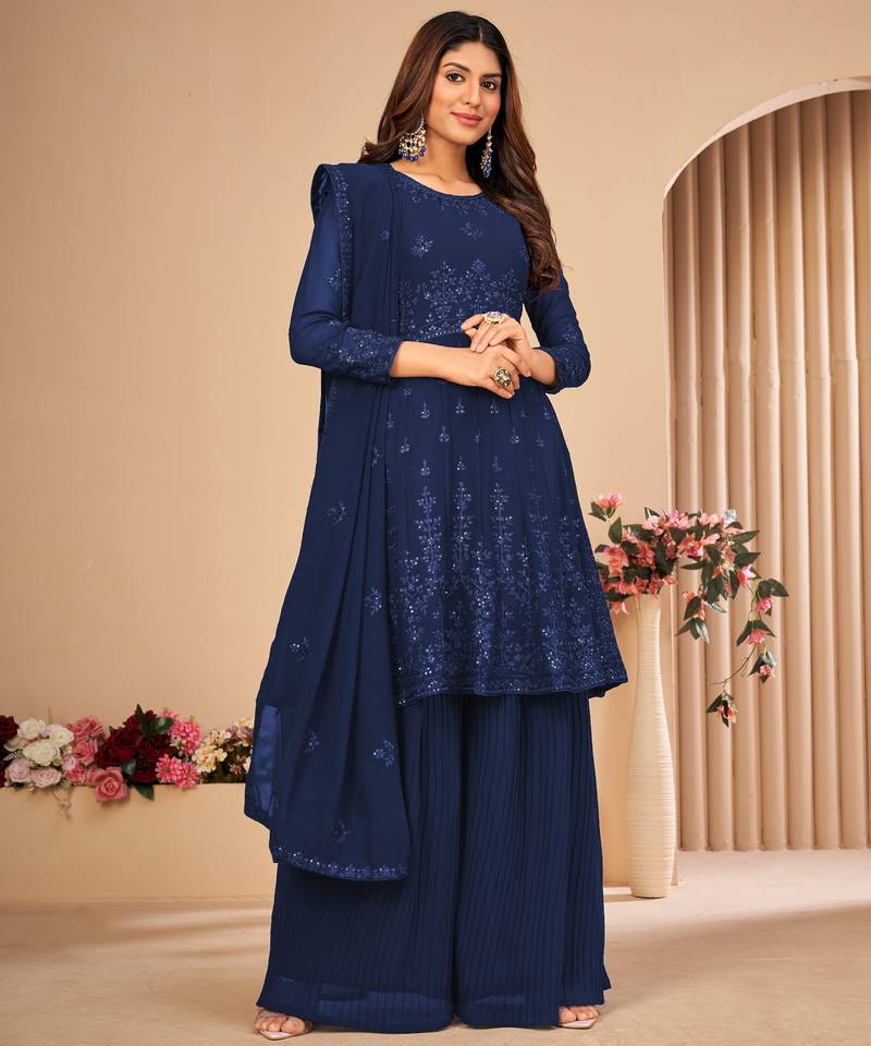 Blue Embroidered Faux Georgette Sharara Suit 3 Piece