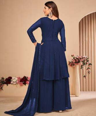 Blue Embroidered Faux Georgette Sharara Suit 3 Piece 3