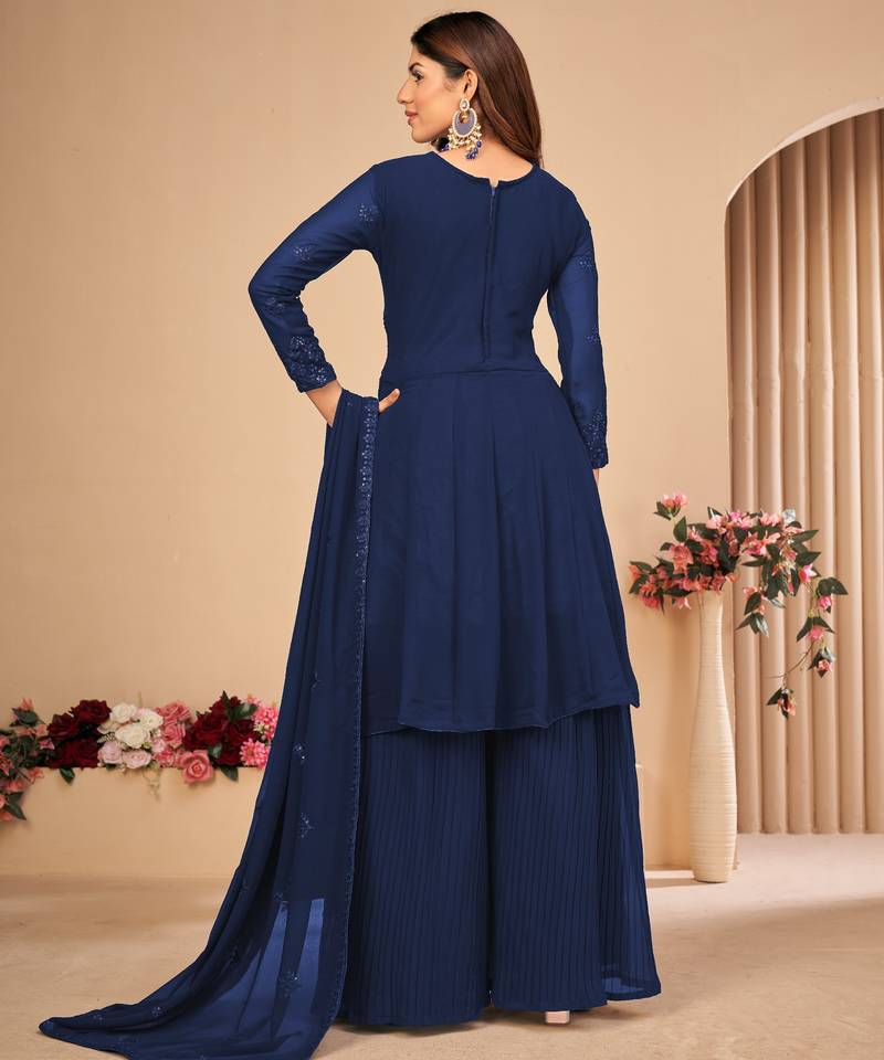 Blue Embroidered Faux Georgette Sharara Suit 3 Piece