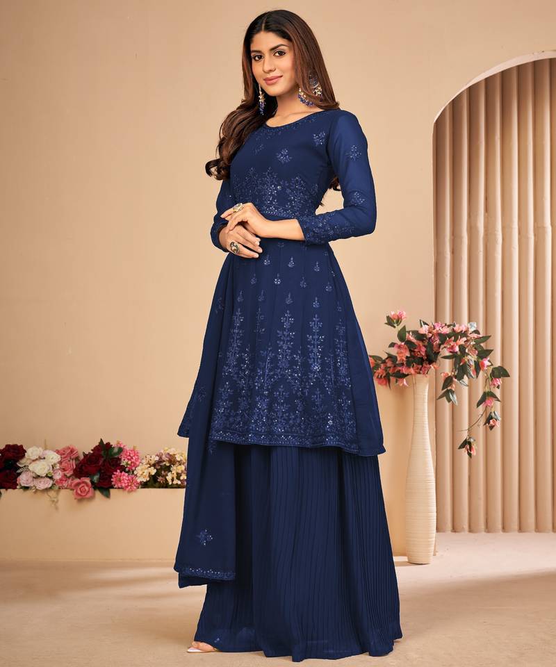 Blue Embroidered Faux Georgette Sharara Suit 3 Piece