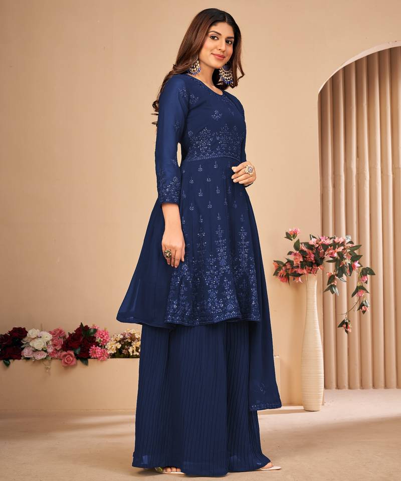 Blue Embroidered Faux Georgette Sharara Suit 3 Piece
