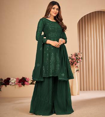 Green Embroidered Faux Georgette Sharara Suit 3 Piece 4