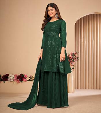 Green Embroidered Faux Georgette Sharara Suit 3 Piece 5