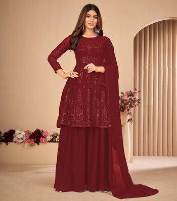 Maroon Embroidered Faux Georgette Sharara Suit 3 Piece 1