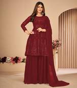 Maroon Embroidered Faux Georgette Sharara Suit 3 Piece