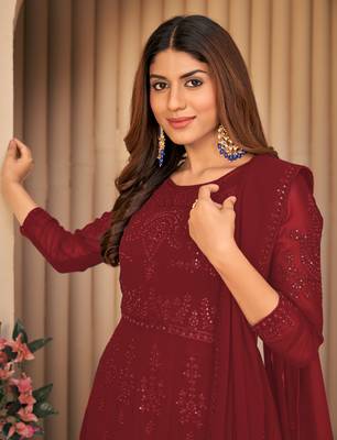 Maroon Embroidered Faux Georgette Sharara Suit 3 Piece 2