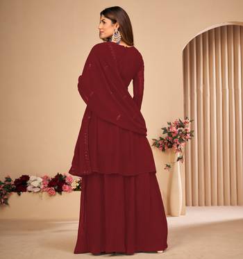 Maroon Embroidered Faux Georgette Sharara Suit 3 Piece 3