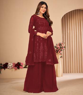 Maroon Embroidered Faux Georgette Sharara Suit 3 Piece 4