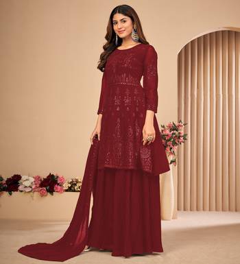Maroon Embroidered Faux Georgette Sharara Suit 3 Piece 5