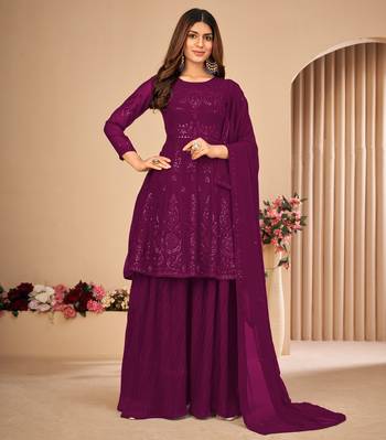 Purple Embroidered Faux Georgette Sharara Suit 3 Piece 1