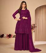 Purple Embroidered Faux Georgette Sharara Suit 3 Piece