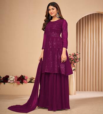 Purple Embroidered Faux Georgette Sharara Suit 3 Piece 5
