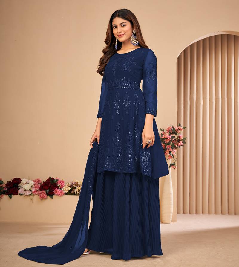 Blue embroidered faux georgette salwar