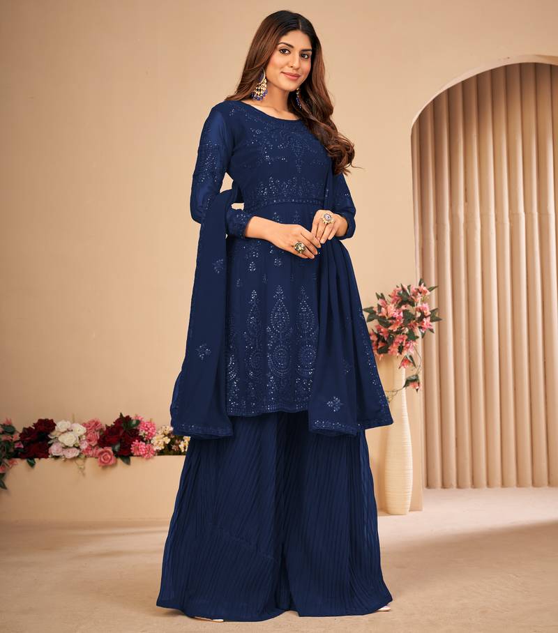 Blue embroidered faux georgette salwar