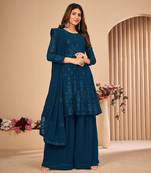 Turquoise embroidered faux georgette salwar