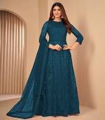 Turquoise embroidered net salwar