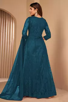 Turquoise embroidered net salwar