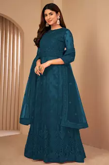 Turquoise embroidered net salwar
