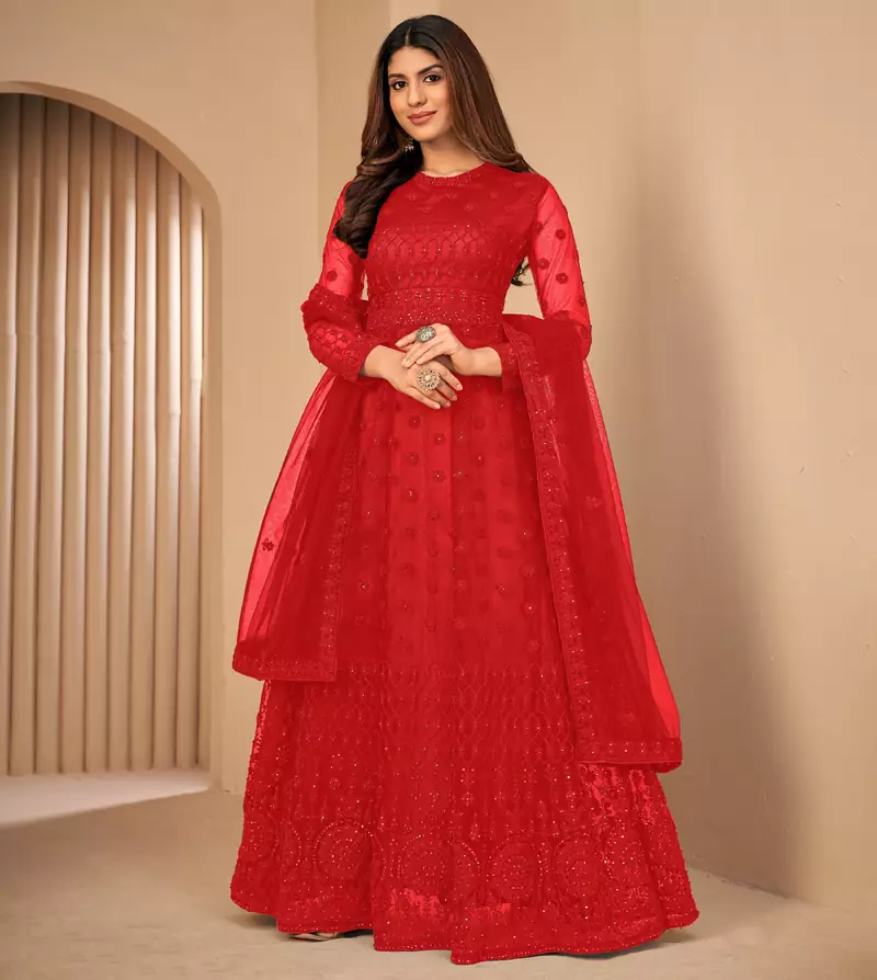 Red embroidered net salwar