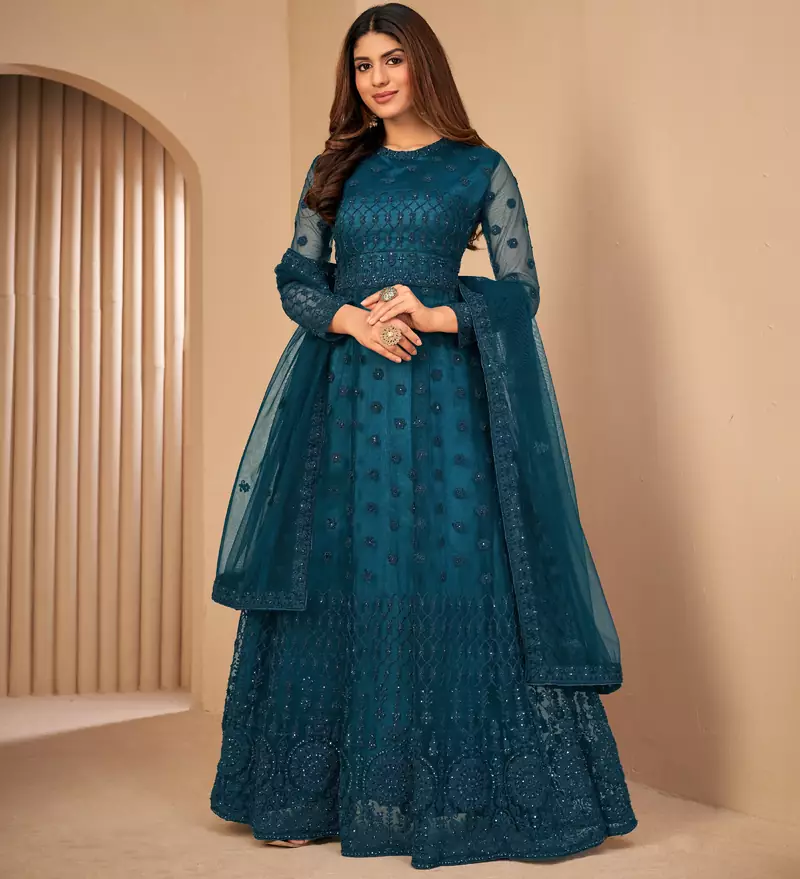 Turquoise embroidered net salwar
