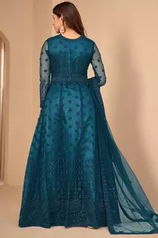 Turquoise embroidered net salwar