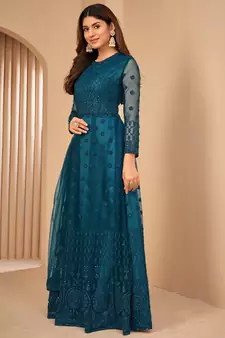 Turquoise embroidered net salwar