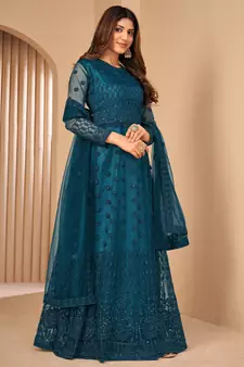 Turquoise embroidered net salwar