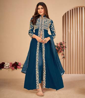 Turquoise embroidered faux georgette salwar 1