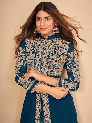 Turquoise embroidered faux georgette salwar 2