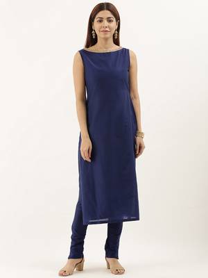 Blue Boat Neckline TENCEL Straight Pant Suit 1