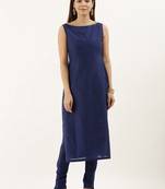 Blue Boat Neckline TENCEL Straight Pant Suit