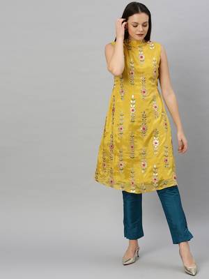 Yellow Embroidered Fabric Kurta Straight Pant Set 1