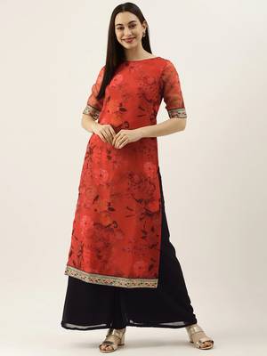 Red Printed Organza Calf Length Kurta Set 1