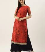 Red Printed Organza Calf Length Kurta Set