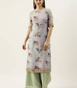Grey Printed Organza Calf Length Kurta Set